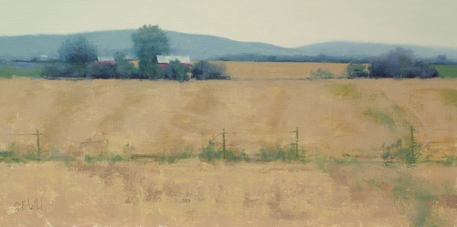 An oil painting of a landscape in Jefferson, MD (Frederick County). The red barn and mowed fields are by the side of the main road.